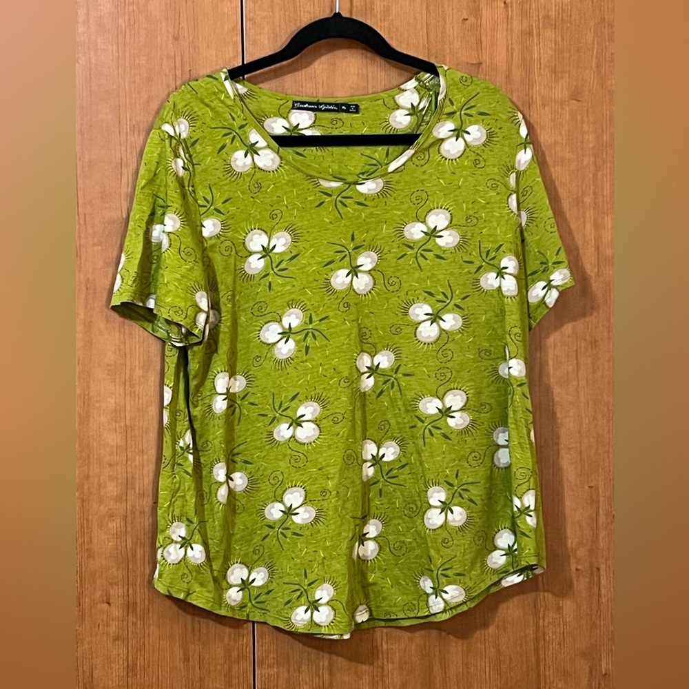Gudrun Sjoden Short Sleeve Tee Lightweight Green Floral Organic Cotton Size XL